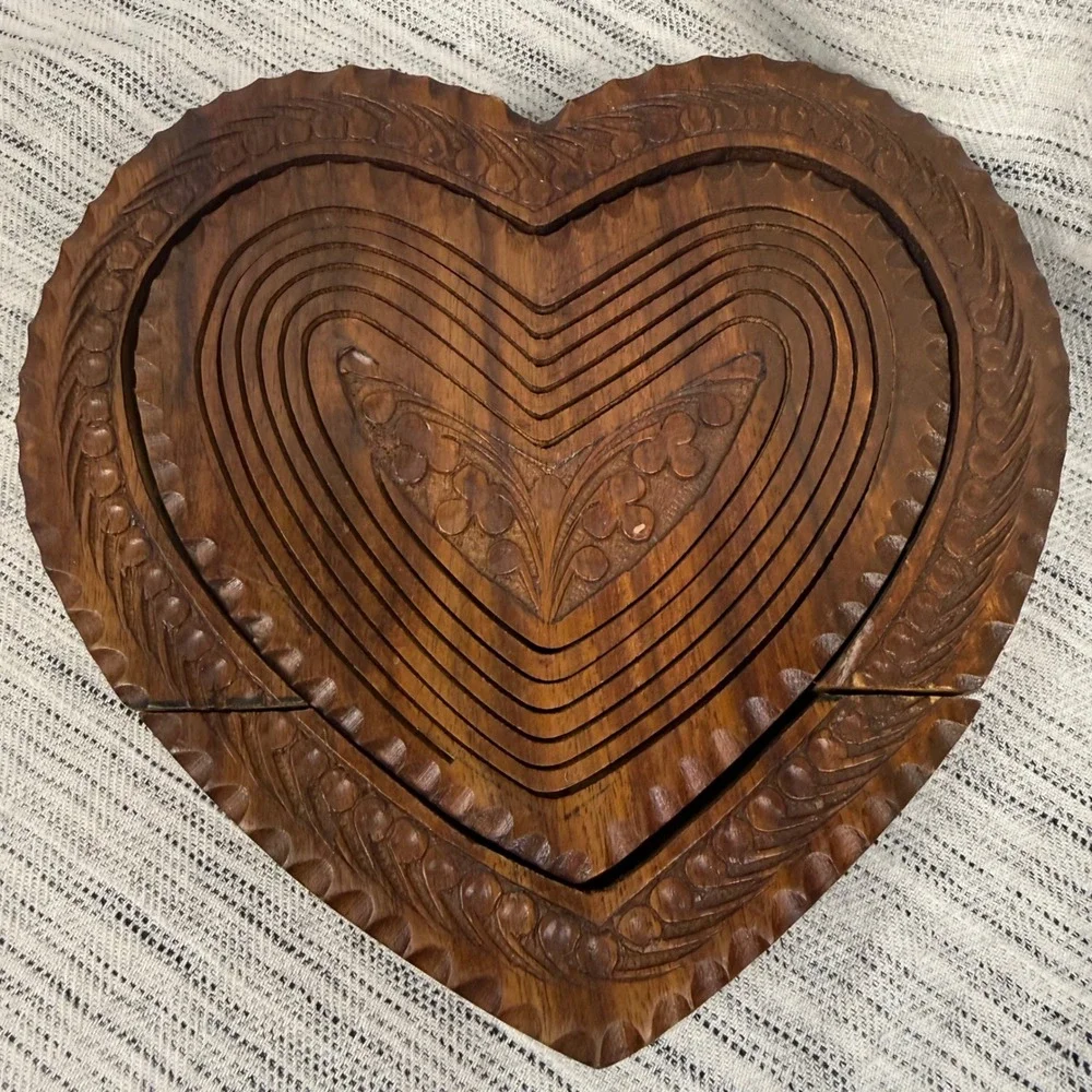 Vintage Carved Wooden Collapsible Folding Heart Bowl Basket Cottagecore Rustic